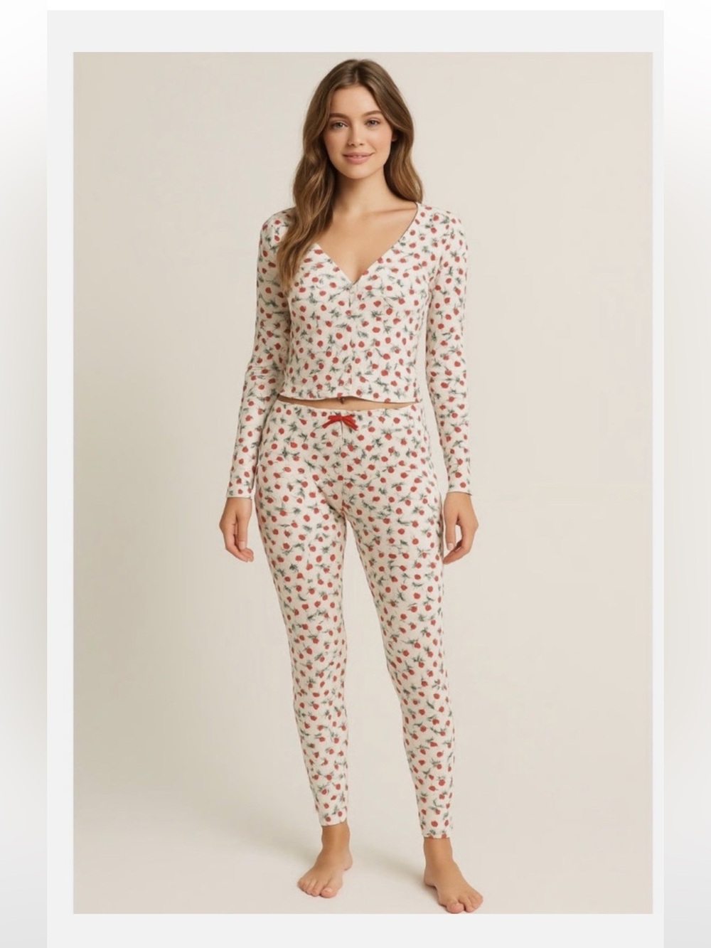 For Love & Lemons Cream Floral Strawberry-Print Long-Sleeve Pajama Set